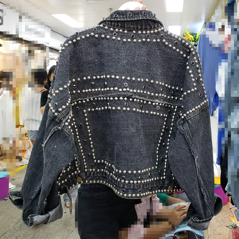 Весенне-осенняя женская джинсовая куртка Harajuku, пальто, ручная вышивка стразами, заклепки, джинсовые шорты, куртки для студентов, базовые пальто, Повседневная Свободная верхняя одежда