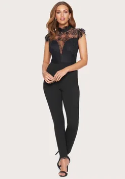 

Summer Women Sexy High Neck Lace Floral Black Rayon Office Bandage Jumpsuit 2020 Elegant Female Designer Jumpsuit Vestidos