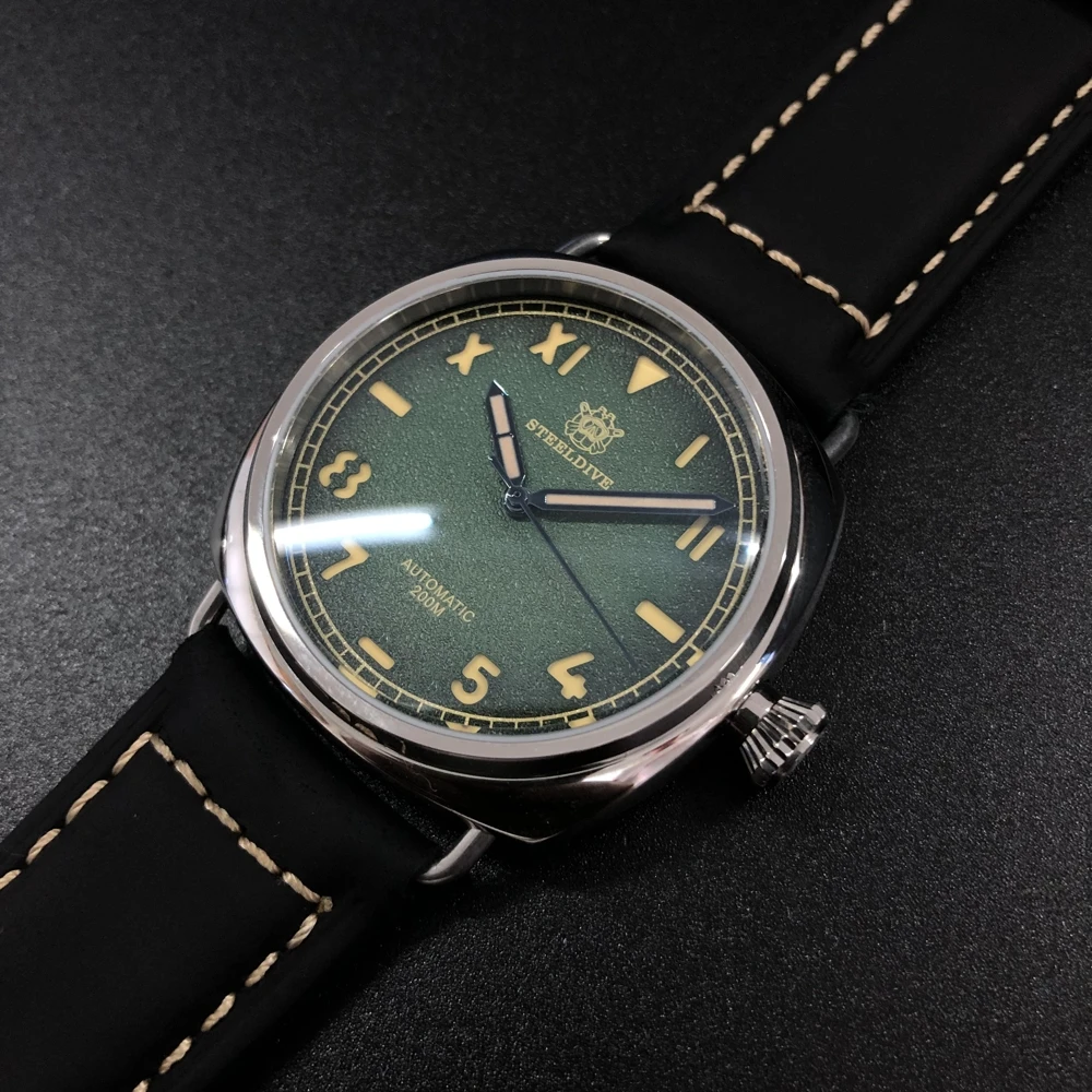 Green-black 200 м водонепроницаемые автоматические часы для дайвинга 316L из нержавеющей стали дайвер 42 мм кожаные мужские механические часы 1936 Часы с повторной гравировкой - Цвет: Green-black
