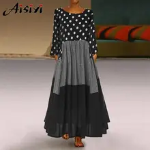 Vintage Polka Dot vestido de fiesta largo mujeres encaje de otoño Patchwork Boho Wave estampado de puntos vestido rojo de manga larga cuello redondo 3 Vestido de playa