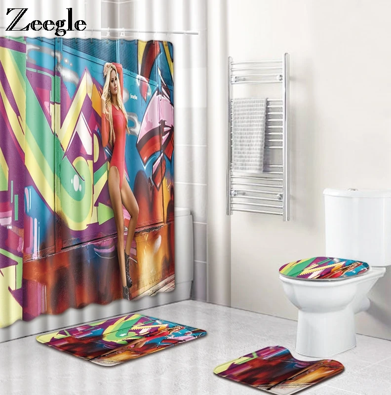 Zeegle 4pcs Shower Curtain Set with Bath Mat Set 3D Beauty Printed Rug for Toilet Decor Washable Bathroom Foot Rug Toilet Set