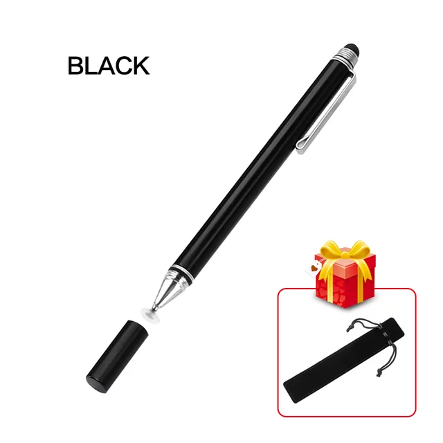 2 In 1 Stylus For Smartphone Tablet Thick Thin Drawing Capacitive Pencil Universal Android Mobile Screen Metal Note Touch Pen Black with Hook