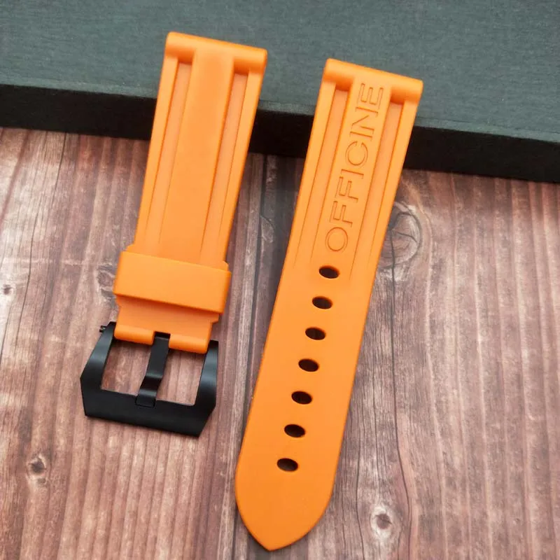 24 мм 26 мм черный белый оранжевый Камуфляж красный синий зеленый серый мягкий водостойкий резиновый ремешок для часов для panerai ремень, булавка, пряжка бесплатный инструмент - Цвет ремешка: 24orange BLK