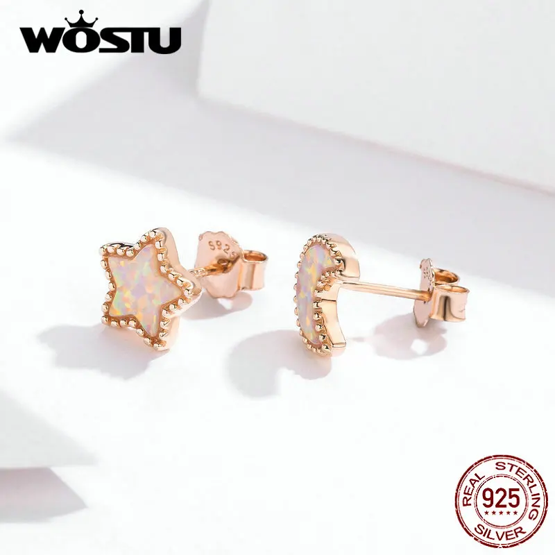 WOSTU,, 925 пробы, серебряные, звезда, луна, серьги-гвоздики для женщин, розовое золото, маленькие серьги, для свадьбы, серебро, 925, ювелирное изделие, FIE691