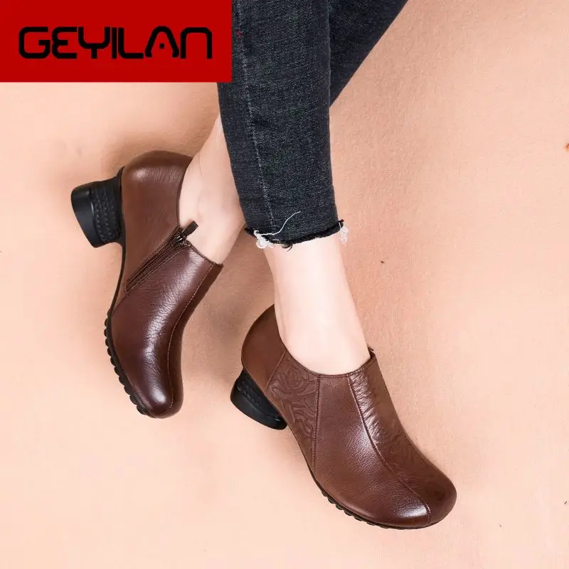 

2019 Retro Style Handmade Shoes Women Thick With Heels Pumps Round Toe High Heels Genuine Leather