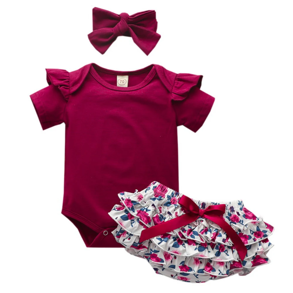 

Baby Girls Clothes 3Pcs Set For Newborn Red wine Bodysuit+Floral PP Pant+Headband Summer Infant Baby Clothing Suit D30