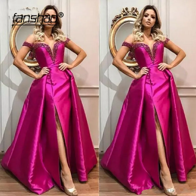 Фуксия вечернее платье с открытыми плечами разрез Съемный Поезд Robe De Soiree Дубай Саудовская арабское вечернее платье выпускное платье vestidos - Цвет: same as photo