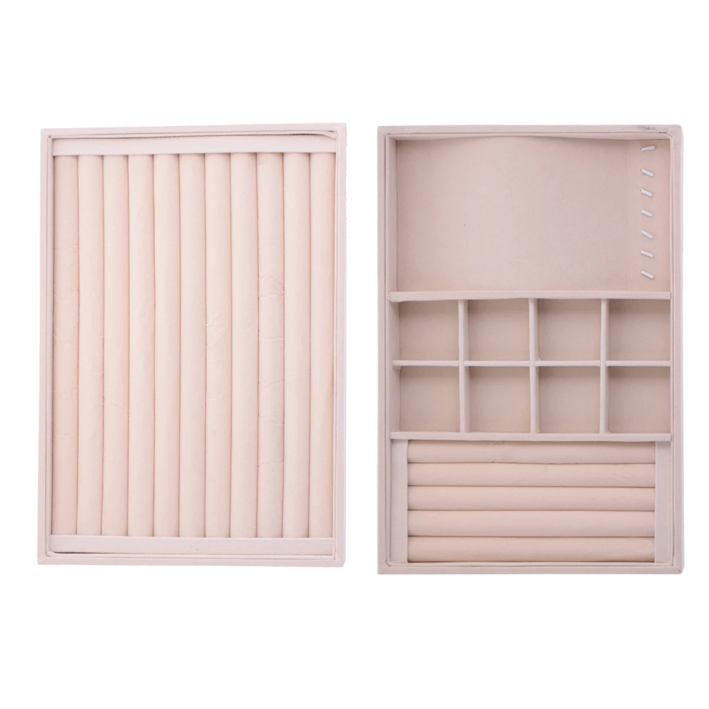 2 Pieces Stackable Velvet Jewelry Tray Earring Necklace Bracelet Ring Organizer Display Storage Box - Beige
