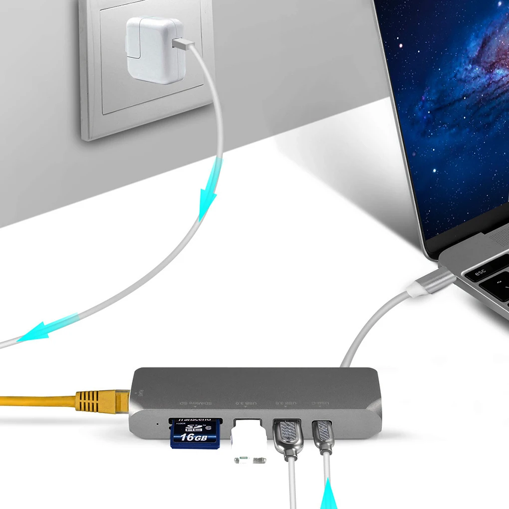 7 в 1 USB 3,0 тип-c к концентратору 3,0 USB RJ45 SD/TF кардридер питания видео HD Замена для MacBook Pro