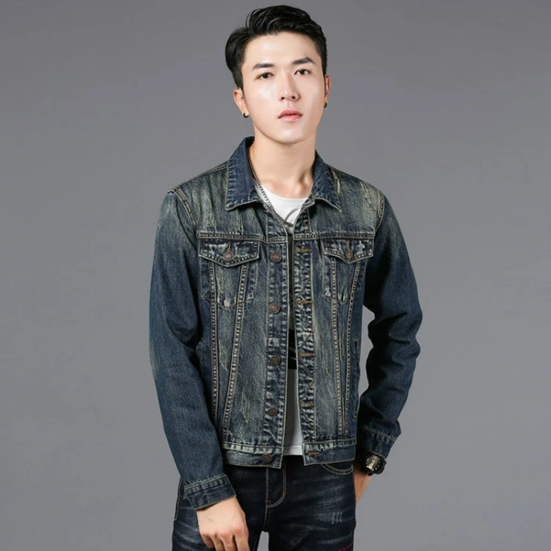 Men's Slim Denim Jacket Long Sleeve Trendy European and American Style Embroidered Denim Top Male Clothing