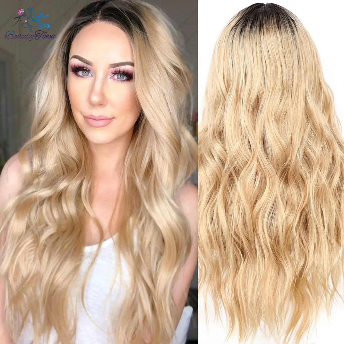 

Long Wavy Synthetic Lace Wig Dark Roots Ombre Brown Wigs Women Daily Use Beauty Influncer Present Synthetic Lace Front Wig