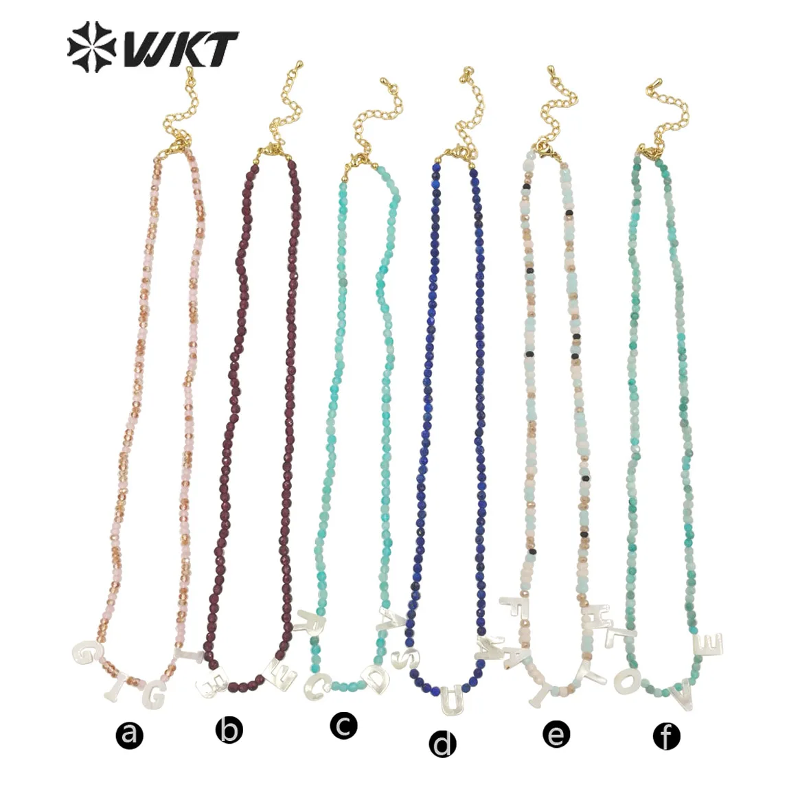 

WT-N1314 WKT Elegant handmade 3mm faceted natural stone beads necklace lady fashion strand tiny beads charm letters necklace