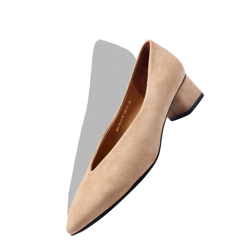 Apricot Women Shoes Heels 2019Heels Thick Shallow Suede High Heels Square Toe Genuine Leather Sheepskin Square heel Covered mid heel - Цвет: Apricot
