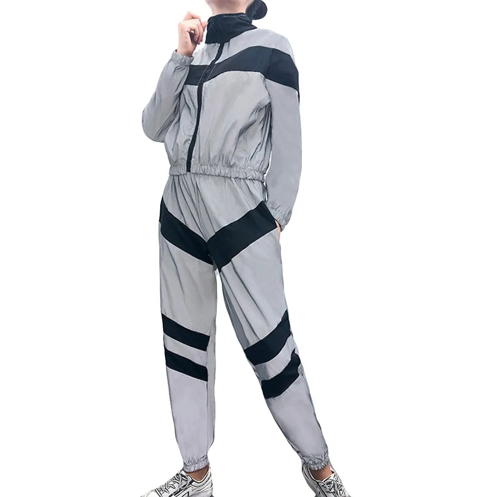 Модный спортивный костюм для женщин, повседневный комплект из 2 предметов для бега, сшитый светоотражающий спортивный комплект, короткий топ с длинным рукавом+ штаны, спортивный костюм# g4