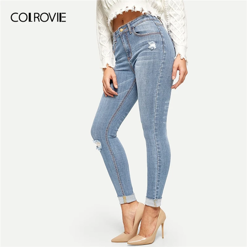 COLROVIE, синие женские джеггинсы с декоративной строчкой, с рваными манжетами,, Осенние уличные обтягивающие джинсы, женские однотонные повседневные джинсовые штаны