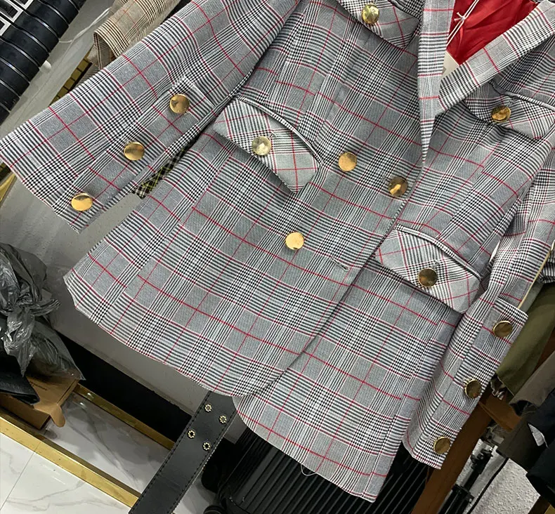 autumn and winter new loose long-sleeved lacing waist long section retro plaid suit jacket female