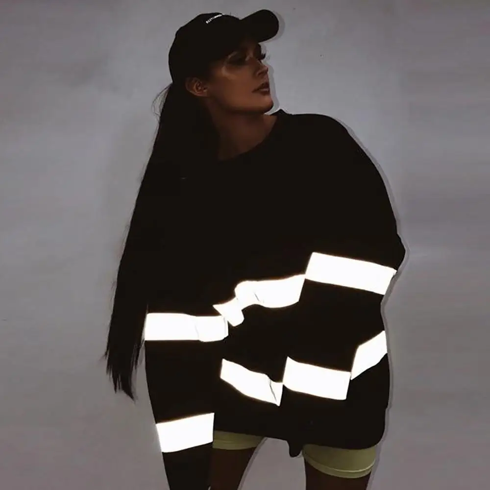 

Fashion Reflective Hoodie Women Stitching Long Sleeve Casual Street Pullover Tops 2019 Autumn Ladies Loose Round Neck Sweatshirt