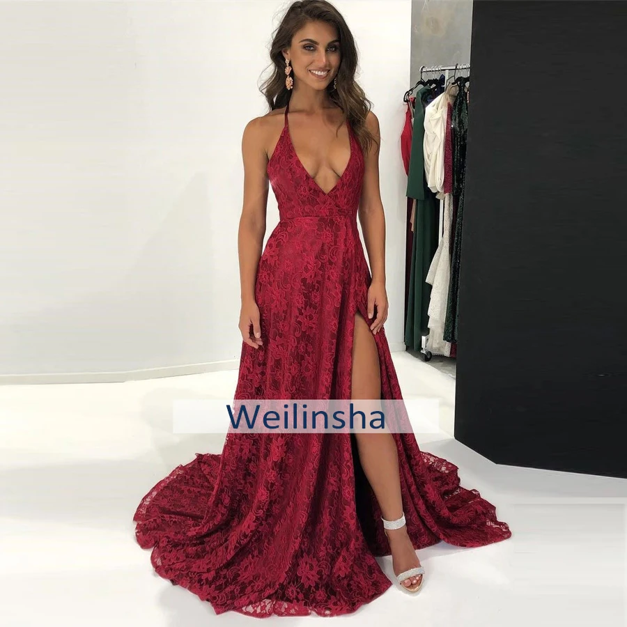 Weilinsha Burgundy Lace Evening Dresses Robe De Soiree Sexy Halter Sleeveless High Split Backless Formal Dress Prom Gowns |