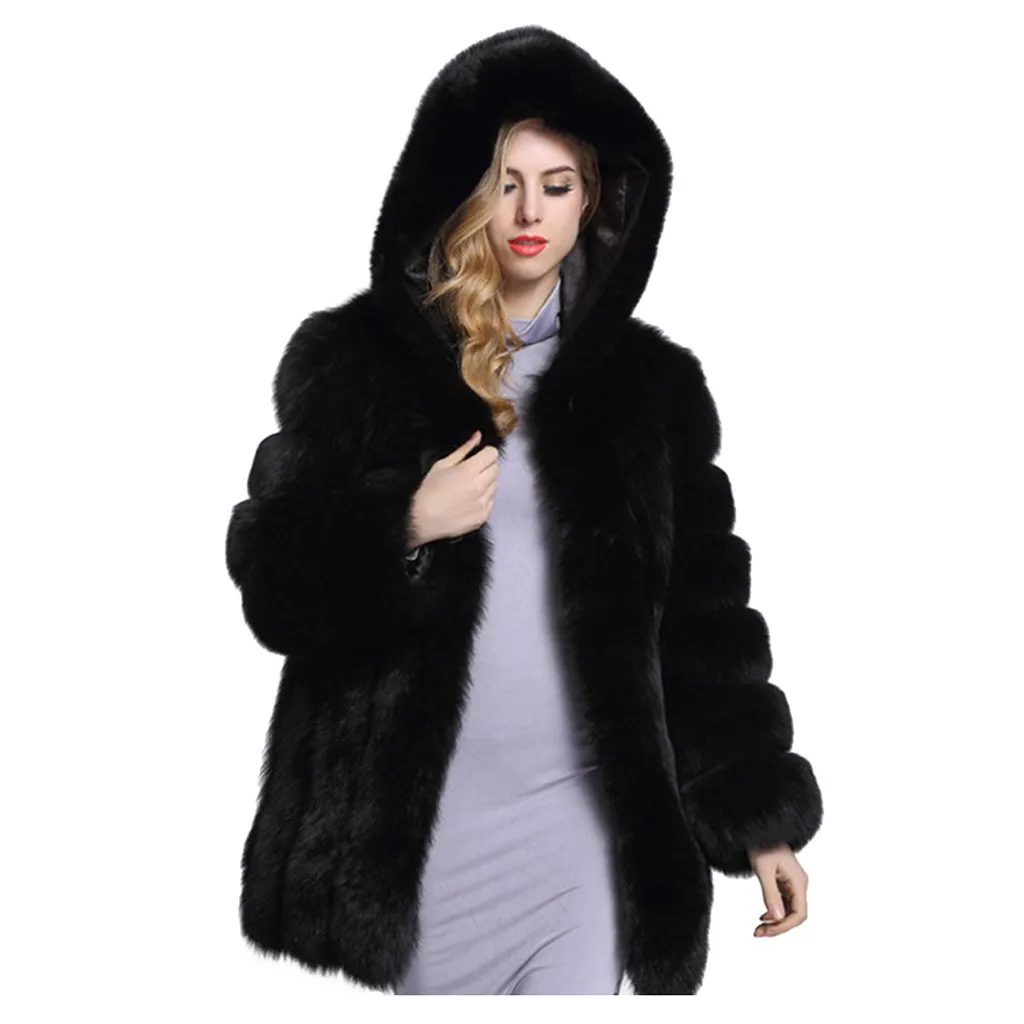KANCOOLD, модное зимнее женское модное пальто с длинным рукавом из искусственного меха, куртка с открытым передом, пальто с капюшоном, плотное, женское, мягкое и удобное - Цвет: Черный