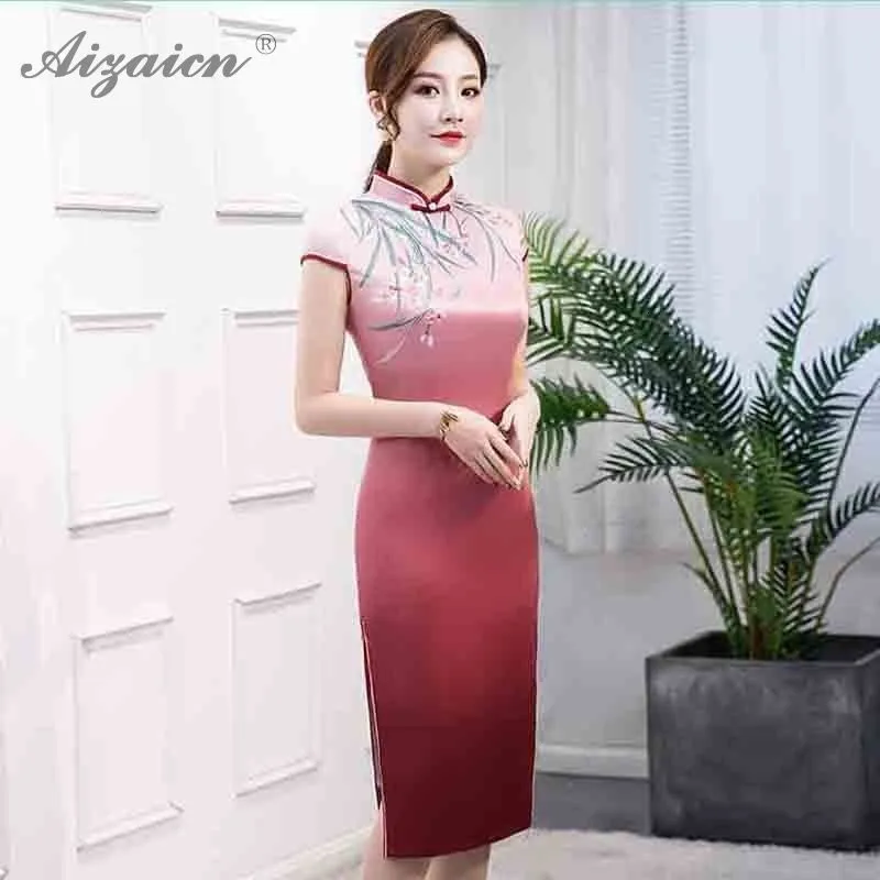 Модное Элегантное женское платье с принтом Cheongsam, современные тонкие платья, Похожие шелковые длинные китайские традиционные платья Qi Pao