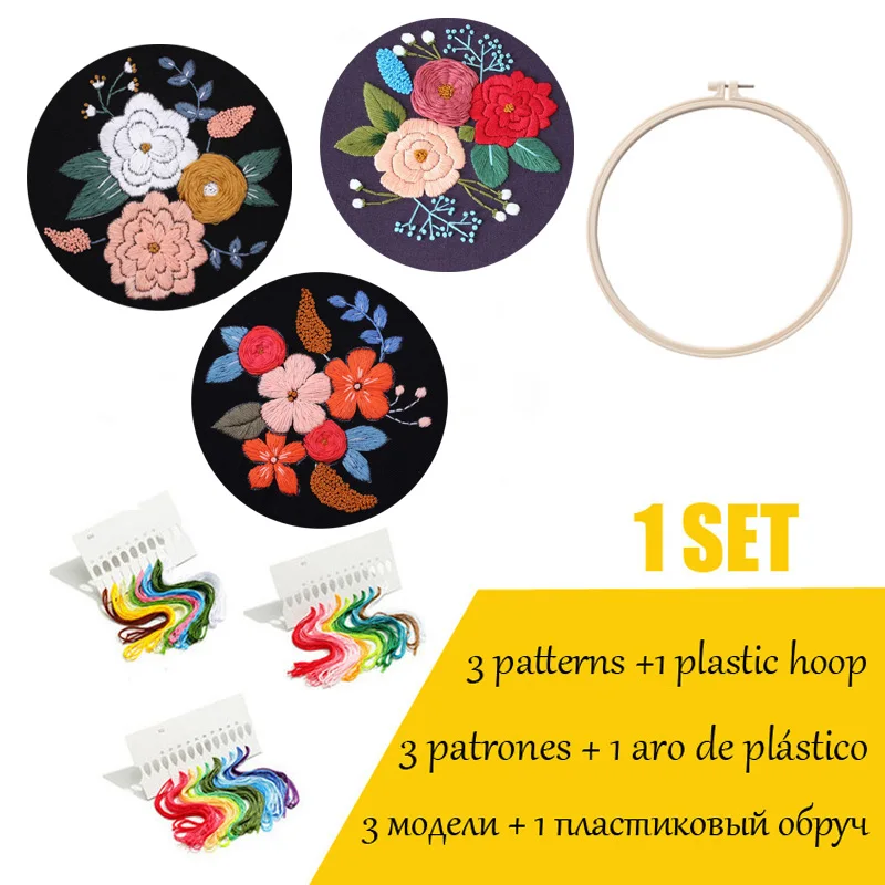 

DIY Embroidery Kit with Hoop Flower Handwork Needlework for Beginner Cross Stitch Kit Ribbon Painting Sewing Art Home Decor