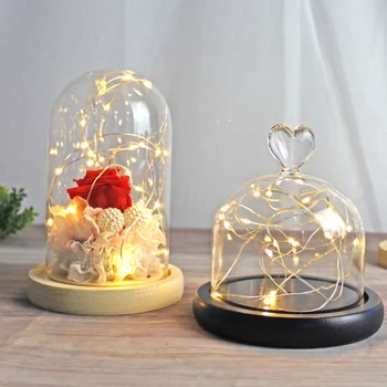 

LED Glass Display Dome Globe Box Bottles Wooden Base Flower Landscape Holder Night Light Decor for Wedding Flower Glass Vase A