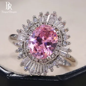 

Bague Ringen Oval Pink Crystal Ring for Women Geometry Silver 925 Jewelry Gemstones Size6-10 Female Engagement Party Accessory