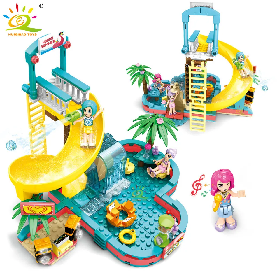 

HUIQIBAO 257Pcs City Swimming Pool Diving Platform Slide Building Blocks Girls Friends Figures Pool Party Bricks Toys Children