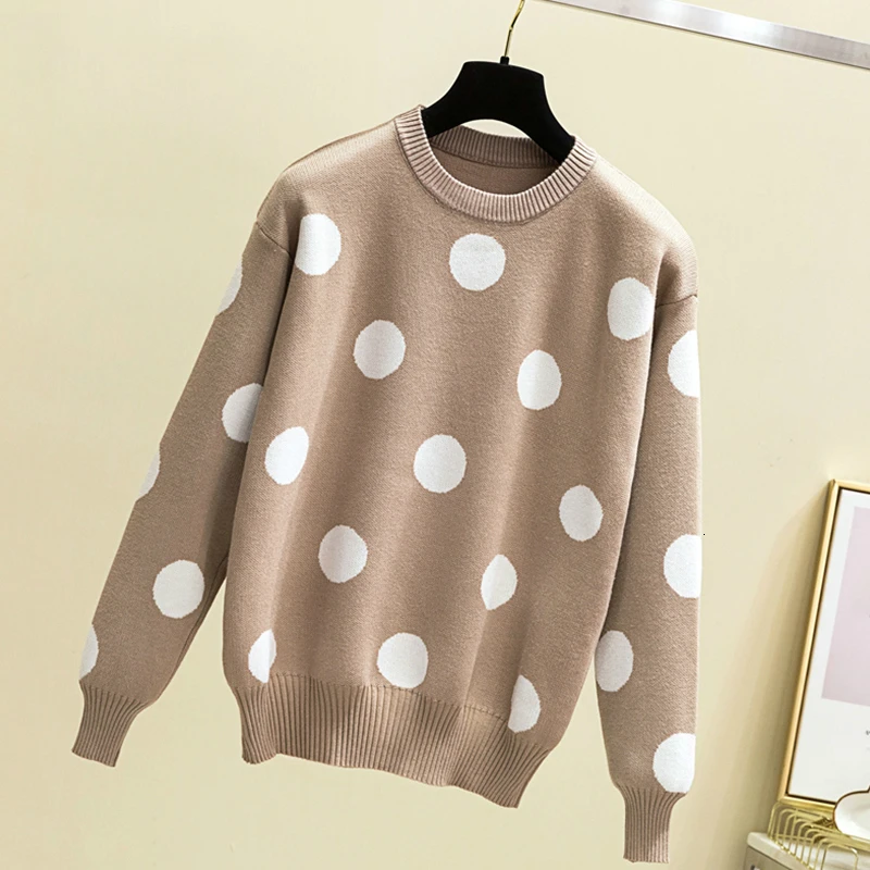 

2019 Autumn Winter Cute Polka Dot Pullover Sweater Women Long Sleeve Knitted Sweater Female Korean Khaki Jumper Women