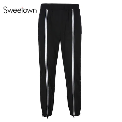 black Sweetown, черные Светоотражающие полосатые уличные штаны, женские Лоскутные штаны на молнии с разрезом, брюки с высокой талией, штаны-шаровары в стиле хип-хоп - Цвет: black