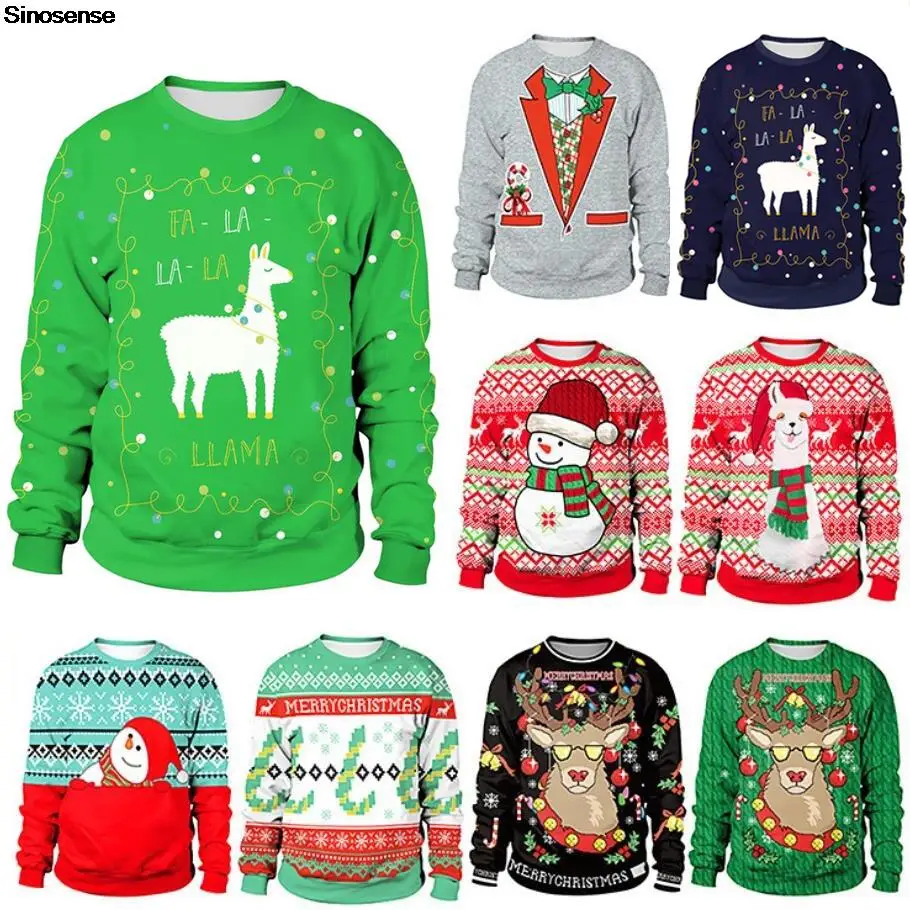 Women Men Funny Alpaca Printing Ugly Christmas Sweater Long Sleeve Crew Neck Sweatshirt Pullover Xmas Jumpers Tops | Женская одежда