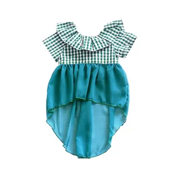 

Children'S Clothing Summer Girls Fashion Green Grid Stitching Mesh Swallowtail Irregular Skirt