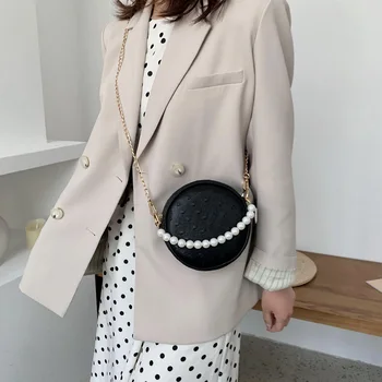 

Women Circle PU Leather Shoulder Bags Ladies Small Round Ladies Chain Shoulder Messenger Bag Messenger Pearl Handbag