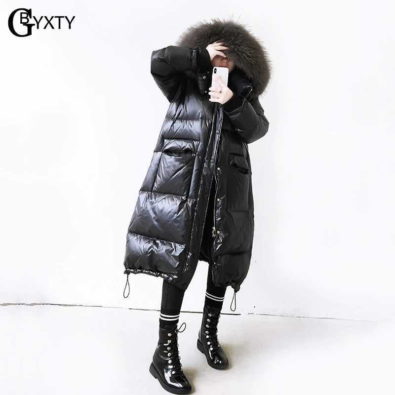 GBYXTY/ зимнее плотное длинное пуховое пальто для женщин, свободный большой капюшон из натурального меха енота, черная утка, пуховая куртка, парка с перьями, Mujer, ZA1725