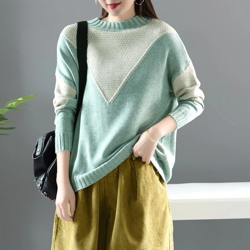 

Johnature Women Patchwork Color Sweaters 2019 Autumn New Long Sleeve Knitted Women Casual Cloths Soft Warm Pullover Sweaters