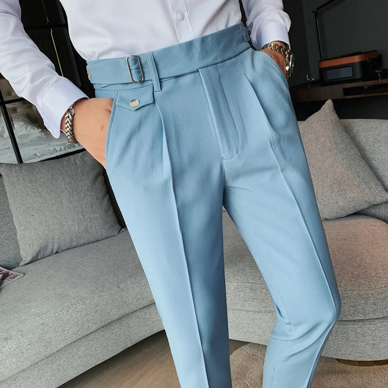 

Four Season belt Buttoned Calf Pant Men Pantalon De Vestir Hombre Casual Luxury Business Pant Trouser Pant For Man straight pant