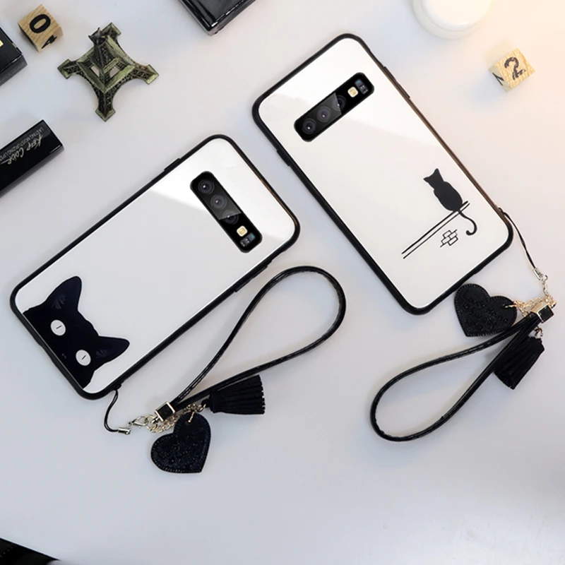 Чехол из закаленного стекла для samsung Note10, A10, A20, A50, с кисточкой, с ремешком, с сердечком, для samsung S8, S9, S10 Plus, S10 Lite, Note 8, 9