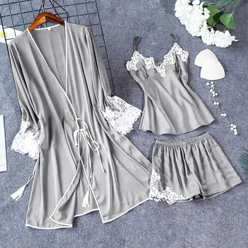 

Muyogrt 3 Pieces Pajamas Set Sexy Lace Satin Silk Sleepwear Women Summer Spring Fashion Pajamas For Women Robe Sleep Lounge