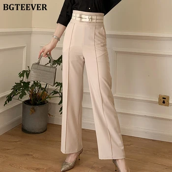 

BGTEEVER Office Ladies High Waist Wide Leg Pants Women Double Sashes Pockets Casual Pants Female Elegant Loose Trousers 2020
