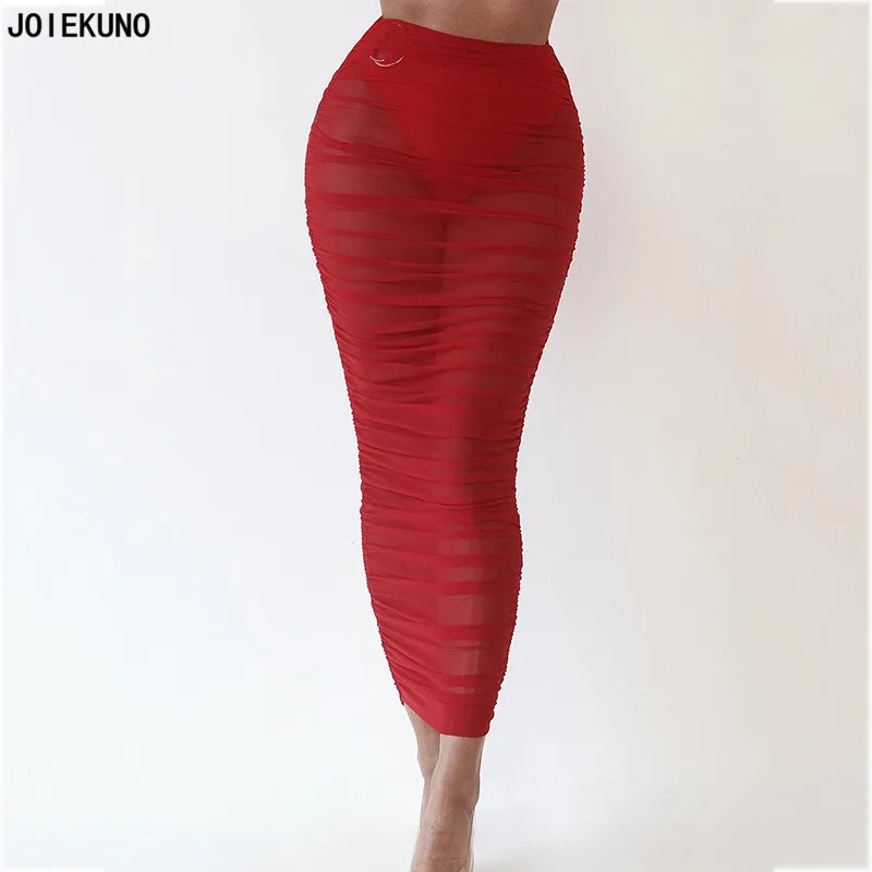 JOIEKNUO Твердые Уличная модная длинная юбка женские юбки mujer moda пикантные Modis сетки плиссированные Для женщин вечерние юбка FD8343