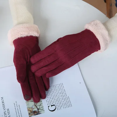 Женские новые модные зимние теплые уличные перчатки женские замшевые кожаные перчатки с сенсорным экраном Классические однотонные митенки для пальцев CA3223 - Цвет: wine red