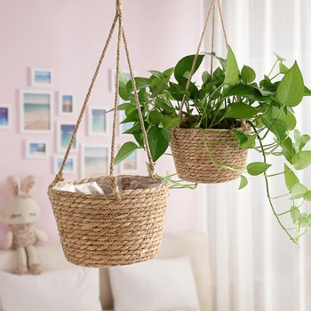

Hand Made Wicker Rattan Flower Basket Green vine Pot Planter Hanging Vase Container Wall Plant Basket For Garden gb05