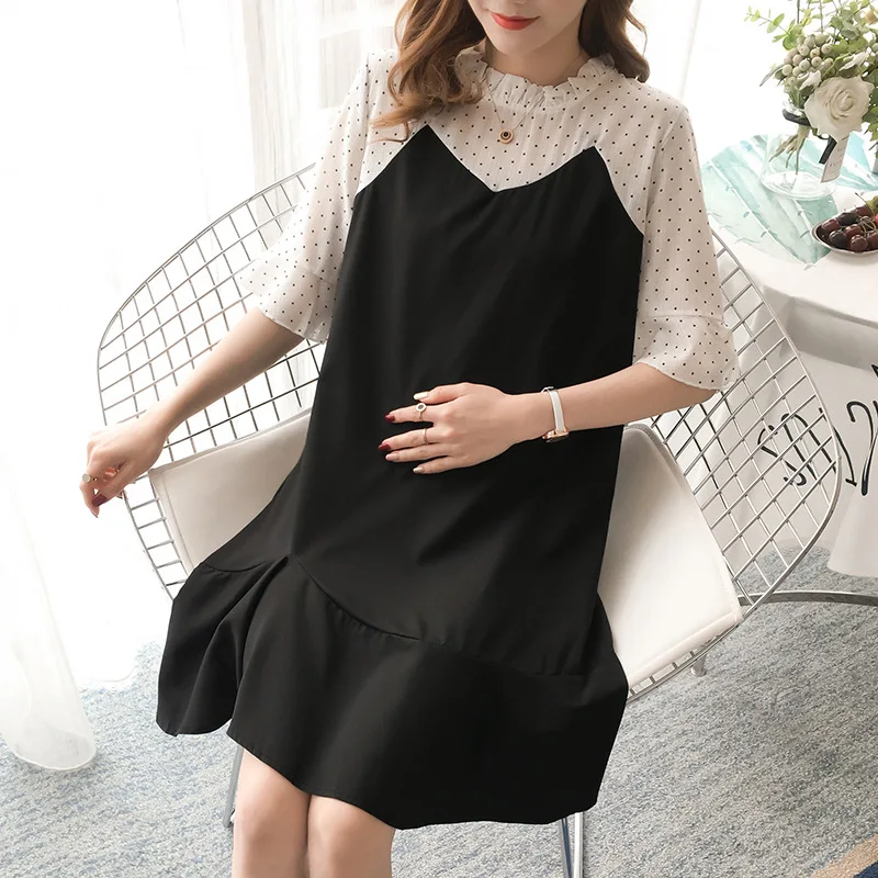 

2018 Summer New Style Dotted Chiffon Joint Black And White with Pattern Fishtail Dress Pregnant Women Slimming Hepburn Black Dre
