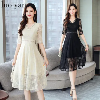 

2020 Femal Vintage Elegant Black Lace Boho Midi Dresses Summer Plus Size Solid Sexy Beach Sundress Women Bodycon Party Vestidos