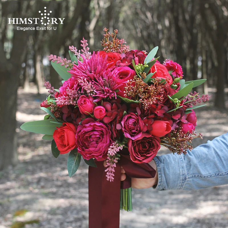

HIMSTORY Romantic Wedding Bouquet Silk Red Bridal Flowers Artificial Burgundy Roses Bouquet Handle Ribbon Bruidsboeket