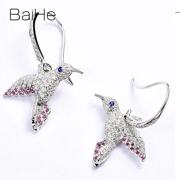 White Gold BAIHE Solid 14K White Gold Round cut Natural Diamonds Blue sapphirs+Pink sapphirs Wedding Trendy Fine Jewelry Stud Earrings - Цвет камня: White Gold