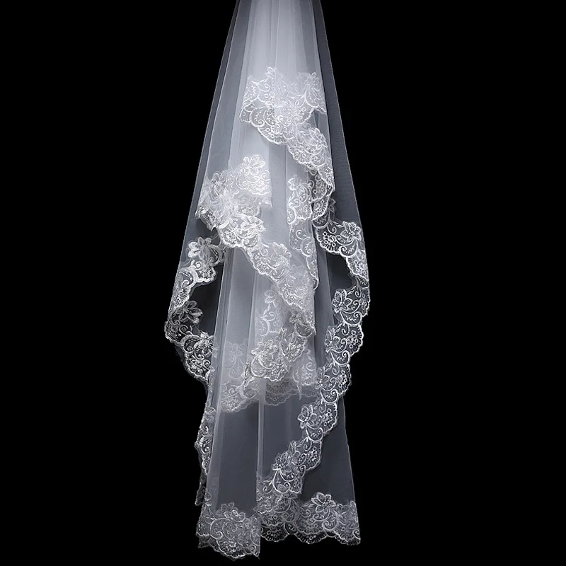 Элегантные Короткие Свадебные вуали с кружевной аппликацией белого цвета и слоновой кости, однослойная Фата для невесты 150 см velo de novia largo