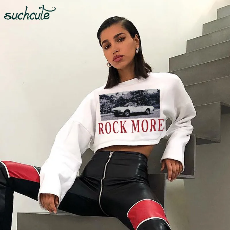 SUCHCUTE размера плюс Для женщин толстовки белые повседневные свободные платья с буквенным принтом, Осенние с О-образным вырезом лонгсливе уличная толстовка женская обувь в стиле «панк»