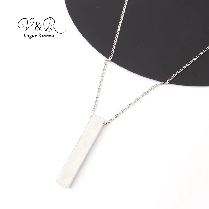 Soft hammered surface rectangle pendant necklace, high polished surface, basic style, sweater chain, imitation rhodium plated (1)