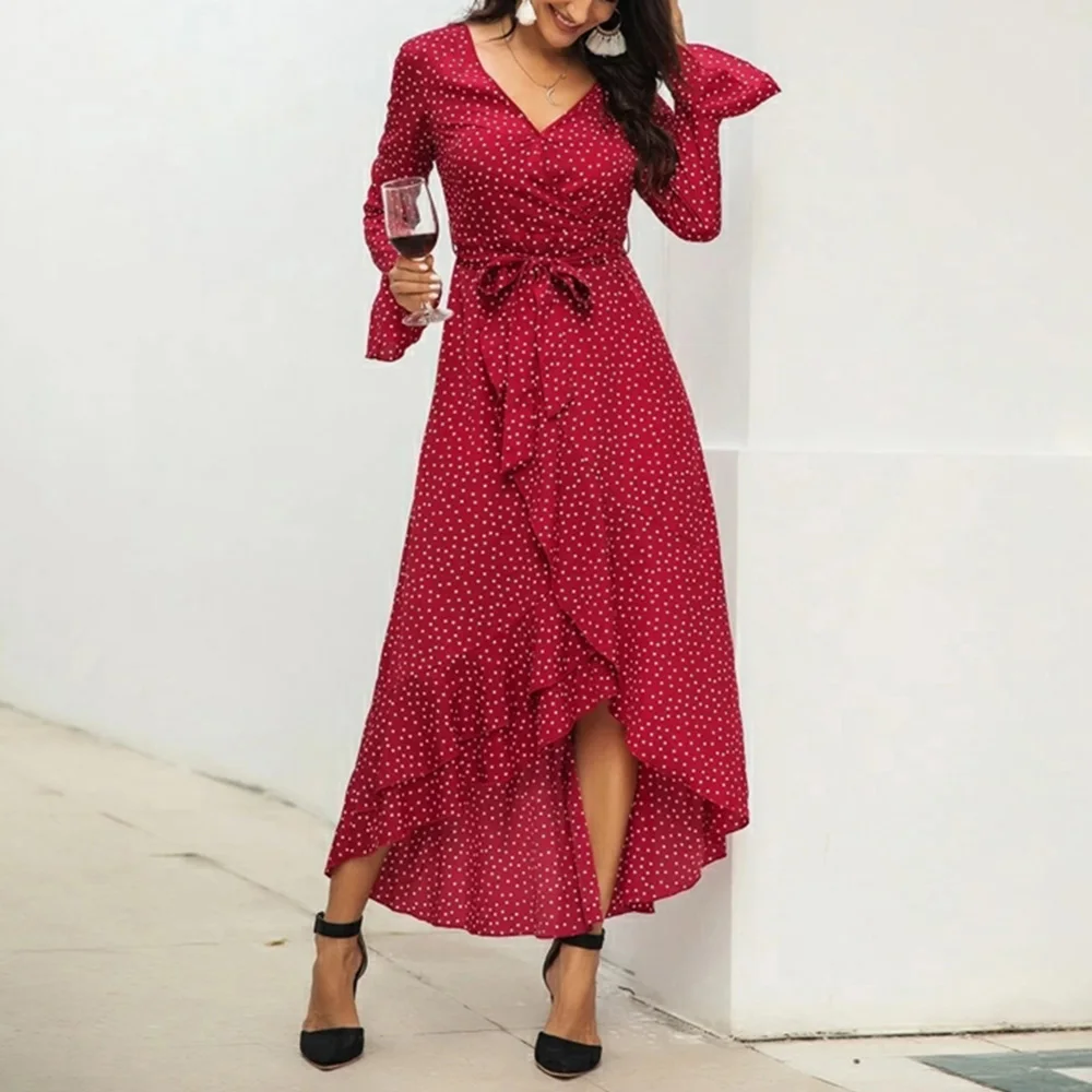 Женское платье весна 2020 длинный рукав галстук бабочка асимметричный подол в